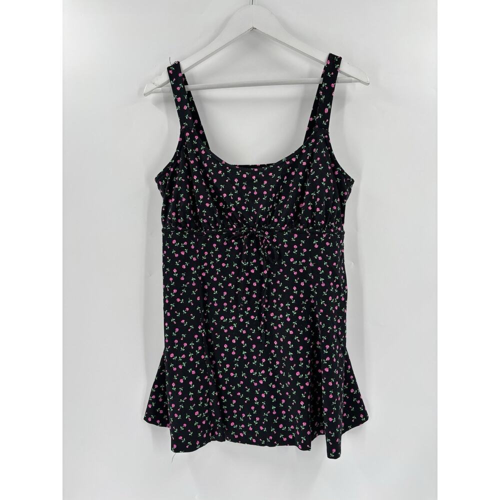 It Figures! Vintage Swimsuit Womens 18W Black Pink Floral Print Stretchy Skirt